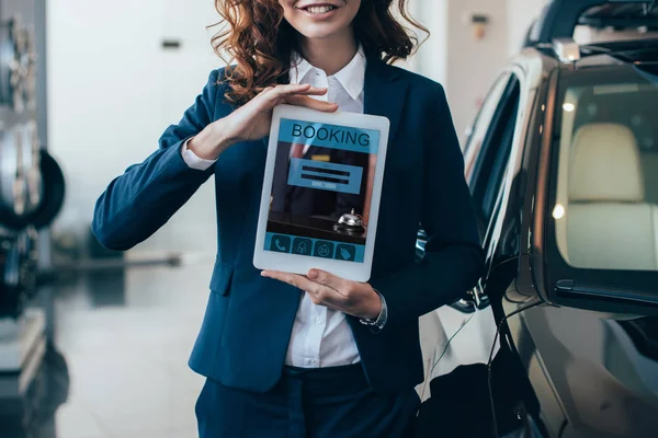 Cropped View Businesswoman Holding Digital Tablet Booking App Screen — Stock Photo, Image