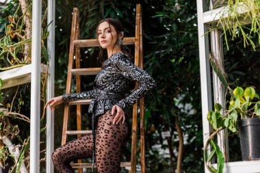 Orangery içinde ahşap merdiveni yakın duran siyah külotlu çorap seksi kadın