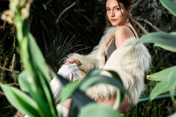 Sexy Young Woman White Faux Fur Coat Underwear Plants Botanical — Stock Photo, Image