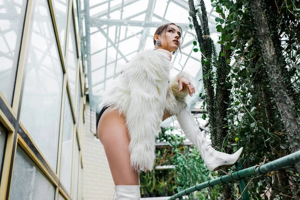 Low Angle View Sexy Girl Faux Fur Coat Underwear Posing — Stock Photo, Image
