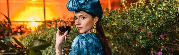 Panoramic Shot Attractive Woman Blue Turban Holding Glass Red Wine — Stock Photo, Image