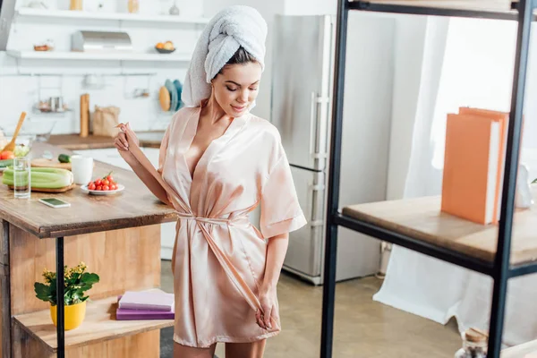 Young Woman Housecoat Towel Head Looking Kitchen — Stock Photo, Image