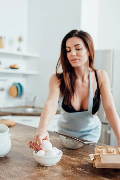 Sexy Woman Underwear Blue Apron Holding Eggs Kitchen — Stock Photo, Image