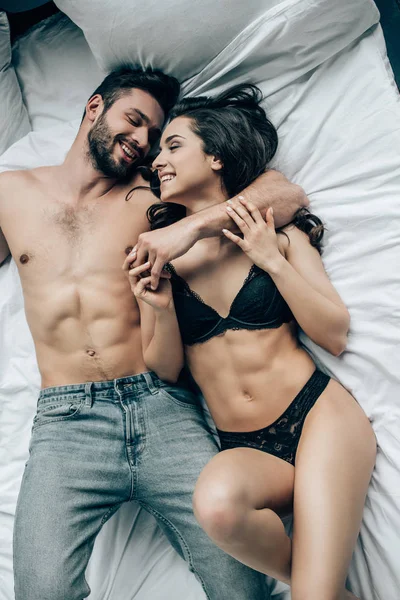 Overhead View Happy Shirtless Man Looking Smiling Woman Lace Underwear — Stock Photo, Image