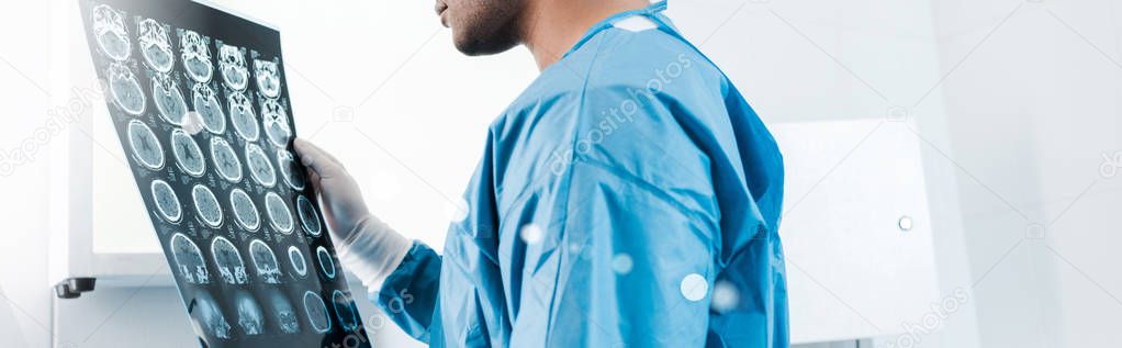 panoramic shot of doctor in uniform holding x-ray in clinic 