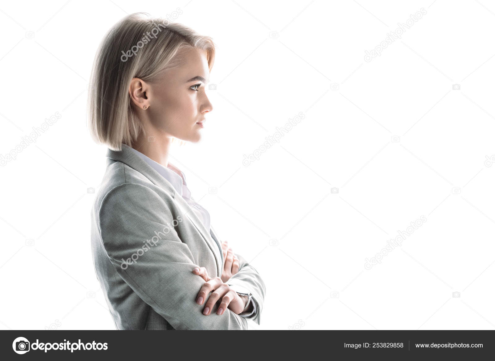 Side View Confident Attractive Businesswoman Crossed Arms Isolated White  Stock Photo by ©VitalikRadko 253829858