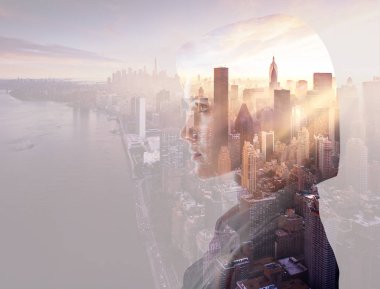 double exposure of beautiful woman profile and new york evening cityscape clipart