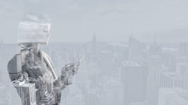 double exposure of businesswoman using smartphone and new york cityscape clipart