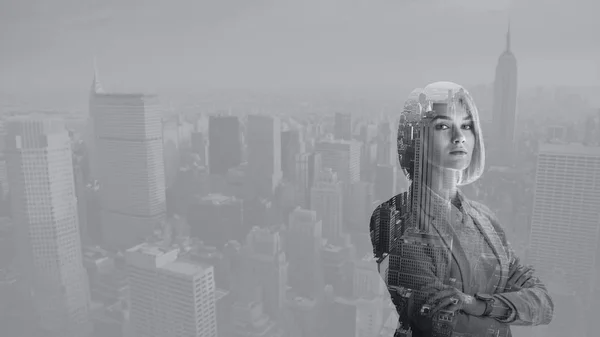 Double Exposure Attractive Woman Crossed Arms New York Cityscape — Stock Photo, Image