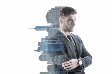 double exposure of confident businessman and new york city buildings vertical silhouette isolated on white clipart