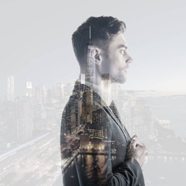 double exposure of handsome, serious man and new york cityscape  clipart