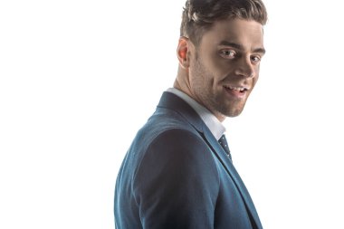 yakışıklı, gülümseyen işadamı beyaz izole kamera bakıyor