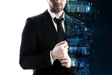 double exposure of businessman in formal wear and silhouette of night city buildings isolated on white clipart