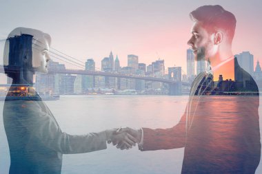 double exposure of man and woman shaking hands and looking at each and new york evening cityscape clipart