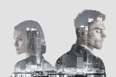 double exposure of handsome man and pretty woman and new york evening cityscape clipart