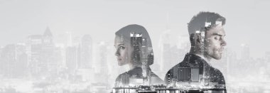 double exposure of attractive woman and handsome man and new york evening cityscape  clipart