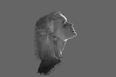 double exposure of beautiful woman profile and forest trees isolated on grey clipart