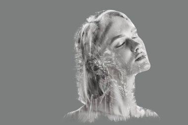 double exposure of attractive woman with closed eyes and plants isolated on grey clipart
