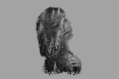 double exposure of beautiful woman with closed eyes and trees isolated on grey clipart