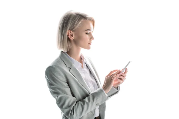 Attractive Businesswoman Blonde Hair Using Smartphone Isolated White — Stock Photo, Image