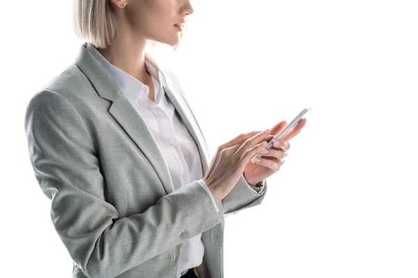 Vista Parcial Mujer Negocios Utilizando Teléfono Inteligente Aislado Blanco — Foto de Stock