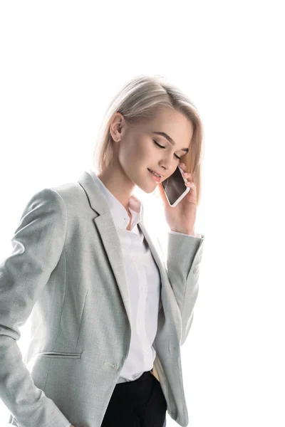 Attractive Smiling Businesswoman Blonde Hair Talking Smartphone Isolated White — Stock Photo, Image