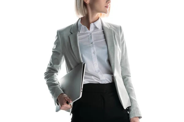 Cropped View Businesswoman Holding Laptop Isolated White — Stock Photo, Image