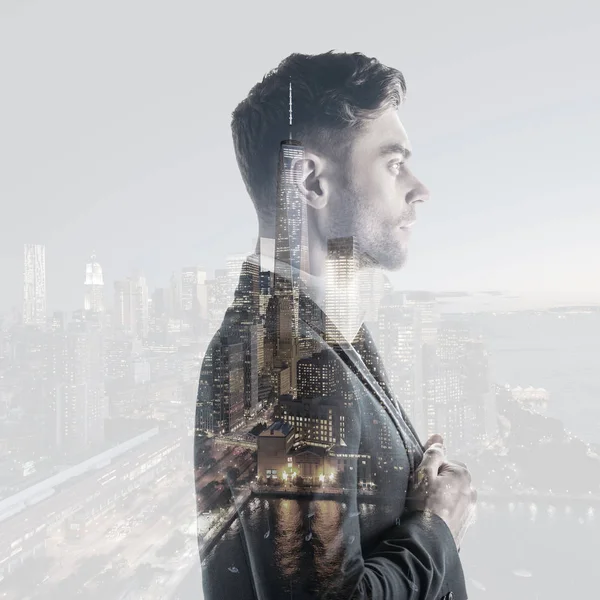 Double Exposure Handsome Serious Man New York Cityscape — Stock Photo, Image