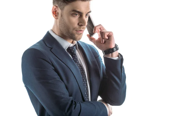 Handsome Serious Businessman Talking Smartphone Isolated White — Stock Photo, Image