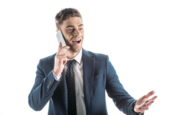 Good Looking Cheerful Businessman Using Smartphone Gesturing Isolated White — Stock Photo, Image