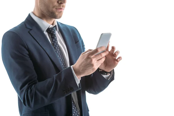Visão Parcial Empresário Suíte Usando Smartphone Isolado Branco — Fotografia de Stock