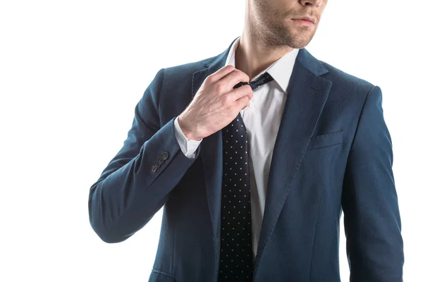 Partial View Businessman Suite Touching Tie Isolated White — Stock Photo, Image