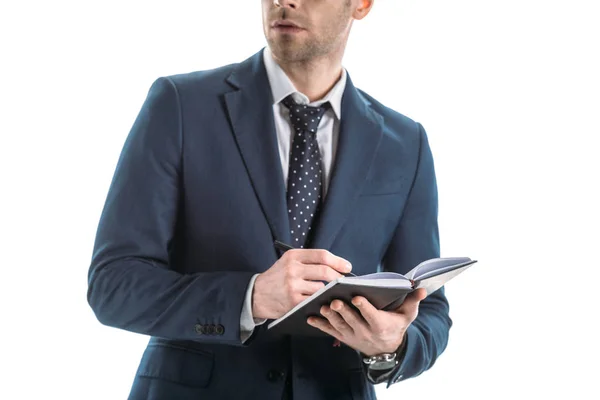 Vista Parcial Los Hombres Negocios Escribiendo Cuaderno Aislado Blanco — Foto de Stock