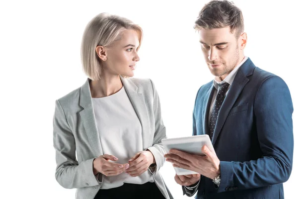 Smiling Young Business Partners Using Digital Tablet Isolated White — Stock Photo, Image