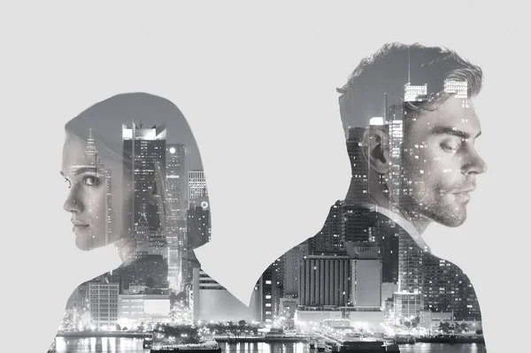 Double Exposure Handsome Man Pretty Woman New York Evening Cityscape — Stock Photo, Image