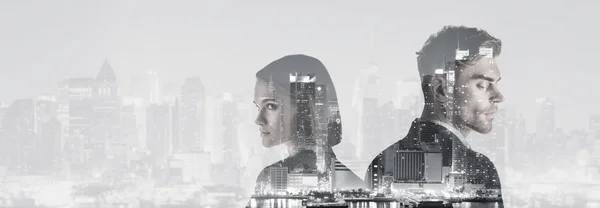 Double Exposure Attractive Woman Handsome Man New York Evening Cityscape — Stock Photo, Image