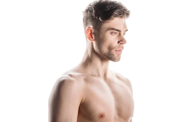 Σέξι Νέος Άντρας Γυμνό Κορμό Κοιτάζοντας Μακριά Απομονωμένη Λευκό — Φωτογραφία Αρχείου