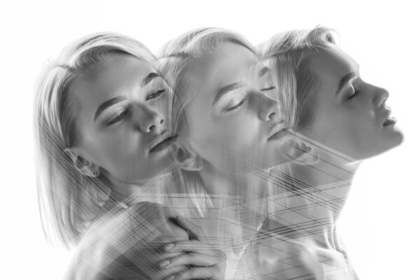 multiple exposure of attractive blonde woman isolated on white