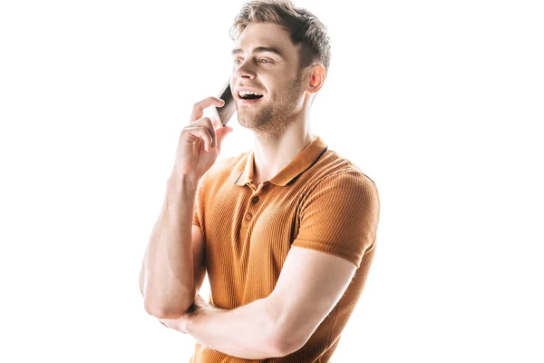 Hombre Alegre Guapo Hablando Teléfono Inteligente Sonriendo Aislado Blanco — Foto de Stock