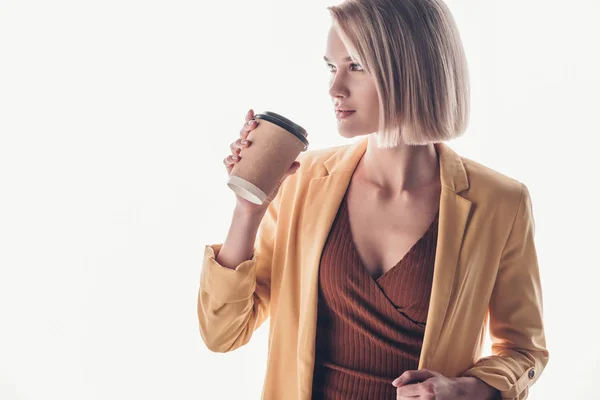 Beautiful Blonde Woman Holding Disposable Cup Looking Away Grey — Stock Photo, Image