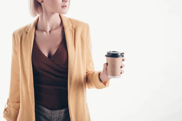 Vista Recortada Mujer Moda Sosteniendo Café Para Gris — Foto de Stock