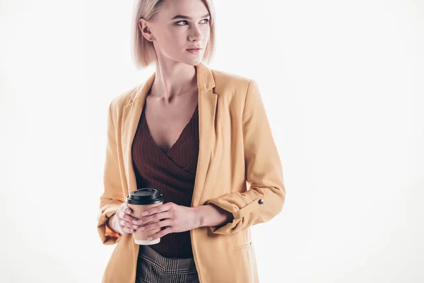 Attractive Trendy Woman Blonde Hair Holding Coffee Looking Away Grey — Stock Photo, Image