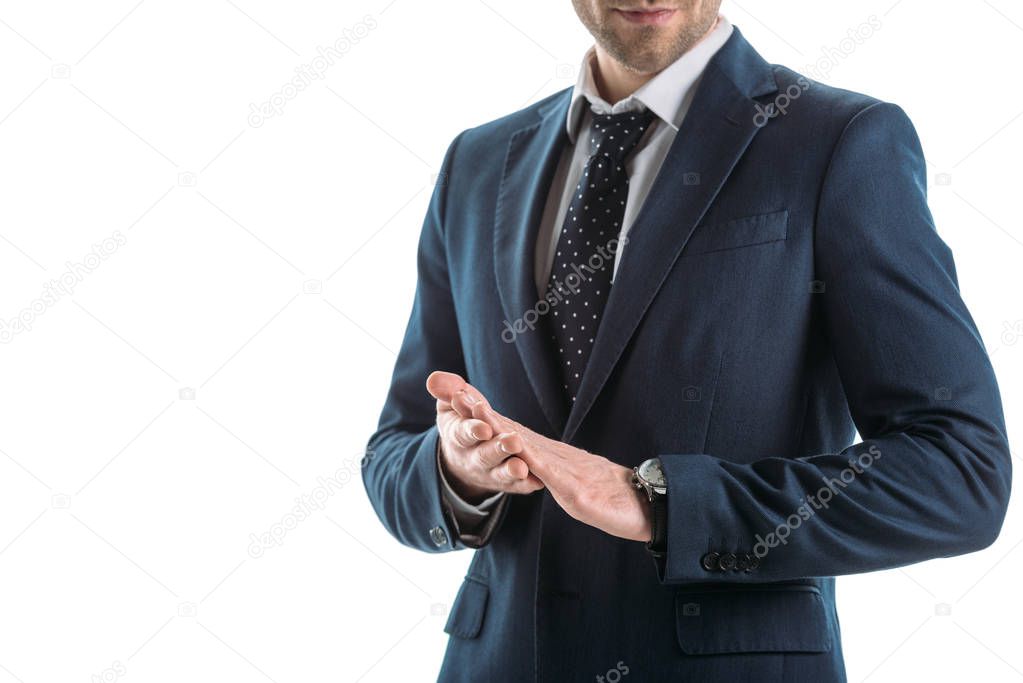 cropped view of smiling businessman in suit isolated on white