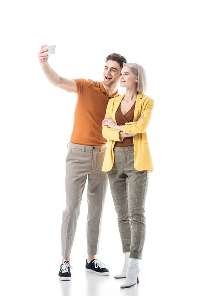 Smiling Handsome Man Taking Selfie Beautiful Blonde Woman Isolated White — Stock Photo, Image