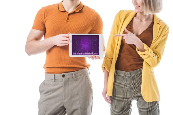 Partial View Man Holding Digital Table Graphs Charts Screen Woman — Stock Photo, Image