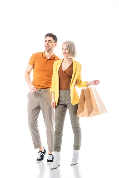 Pretty Woman Holding Shopping Paper Bags While Standing Handsome Man — Stock Photo, Image
