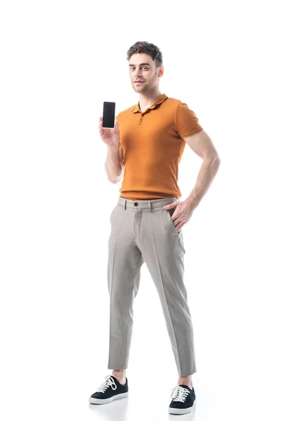 Hombre Guapo Con Mano Bolsillo Sosteniendo Teléfono Inteligente Con Pantalla — Foto de Stock