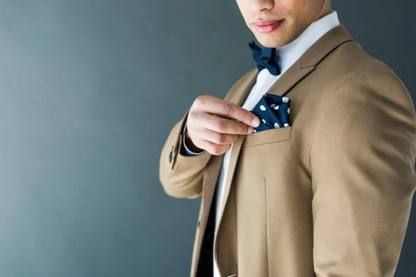 Cropped View Stylish Mixed Race Man Suit Adjusting Napkin Isolated — Stock Photo, Image