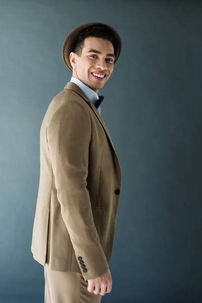 Stylish Mixed Race Man Suit Looking Camera Smiling Isolated Grey — Stock Photo, Image