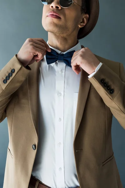 Partial View Stylish Mixed Race Man Suit Adjusting Bow Tie — Stock Photo, Image